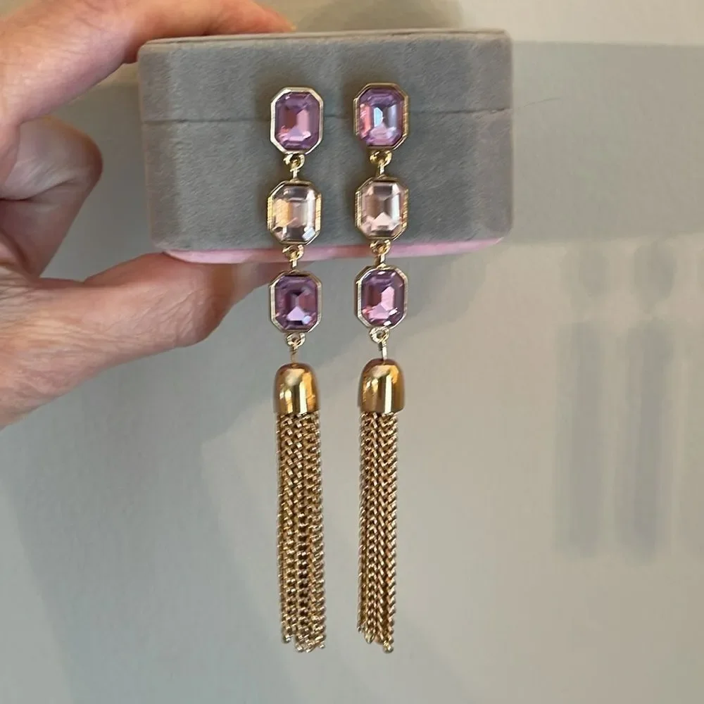 Long Dangling Pink & Purple Gold-tone Tassel Earrings